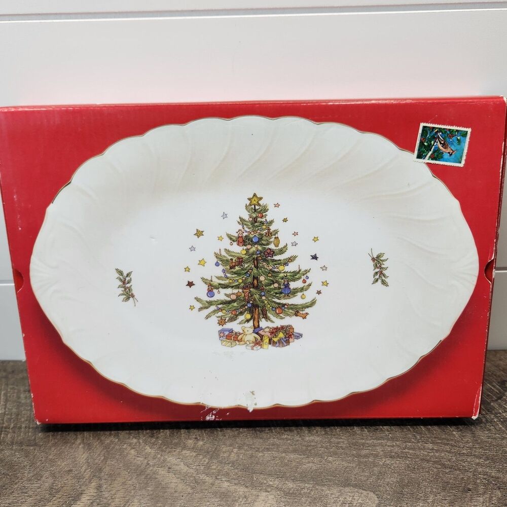 Oval Serving Platter Nikko Happy Holidays 70958 Christmas Tree Swirl 14" Japan